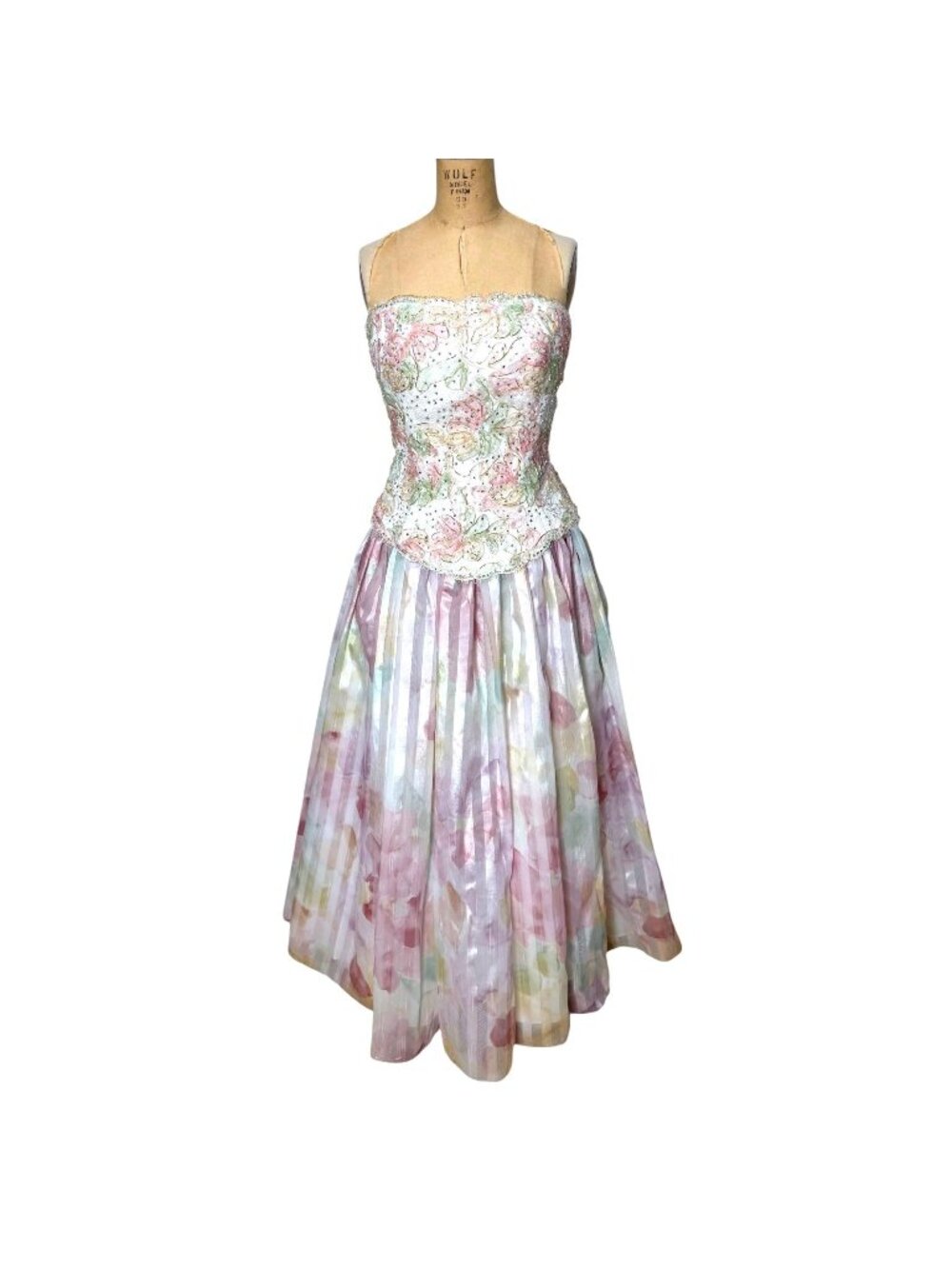 Vintage 80s Rose Taft Couture Fashions gown pastel beaded strapless with bolero
